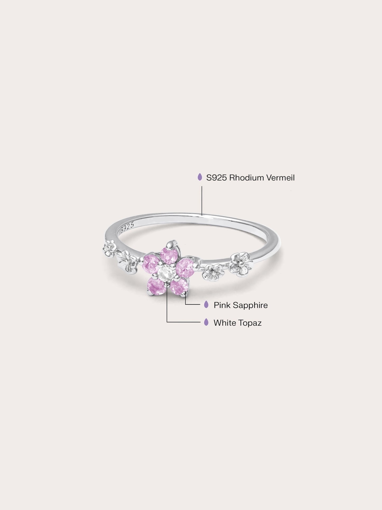 Blush Blossom Ring - Pink Sapphire in S925 Rhodium Vermeil from Mondays Made