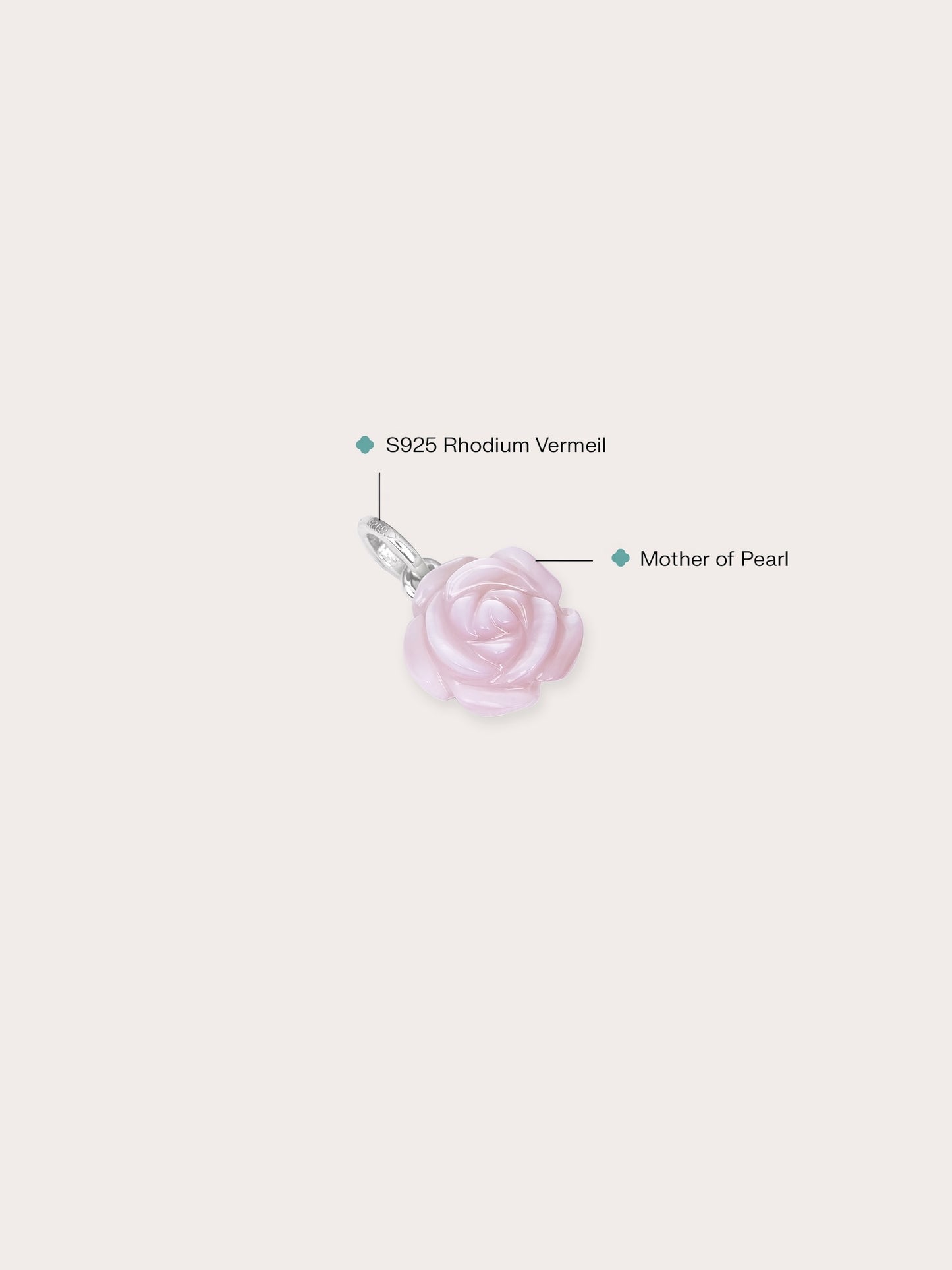 Carved Pink Rose Charm in S925 Rhodium Vermeil from Mondays Made