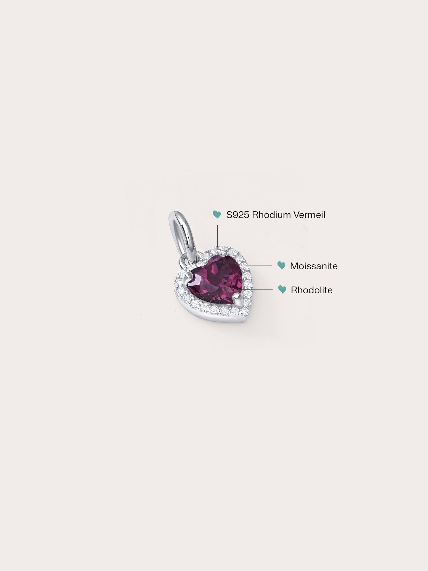 Halo Heart Charm - Rhodolite