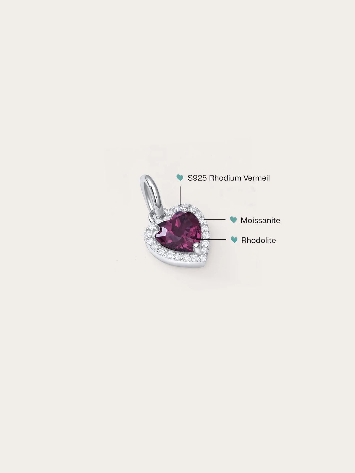 Halo Heart Charm - Rhodolite