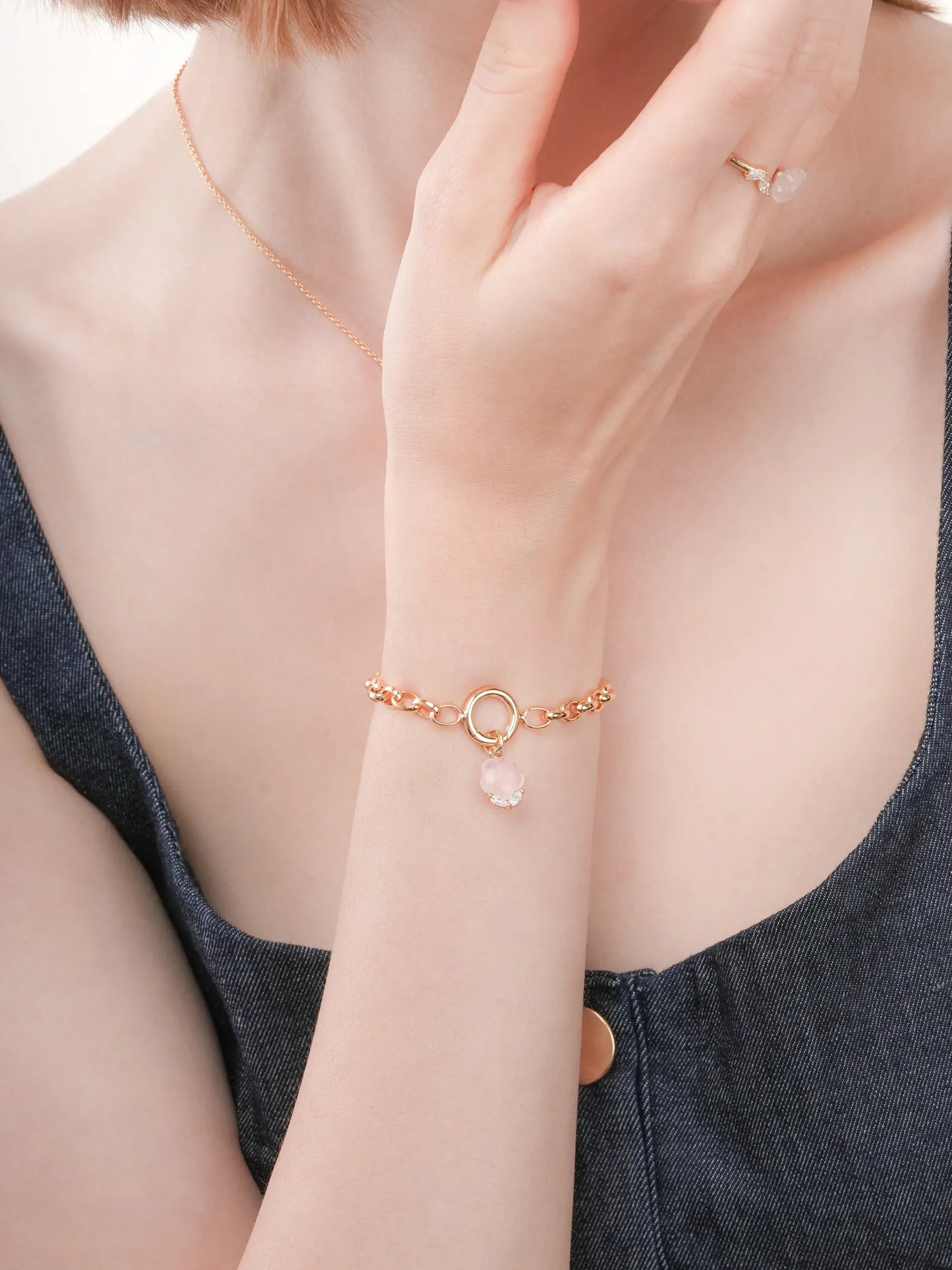 Puffy Flower Charm Rose Quartz Yellow Gold – Mondays Made Demi-Fine Flower & Gemstone Jewelry Singapore