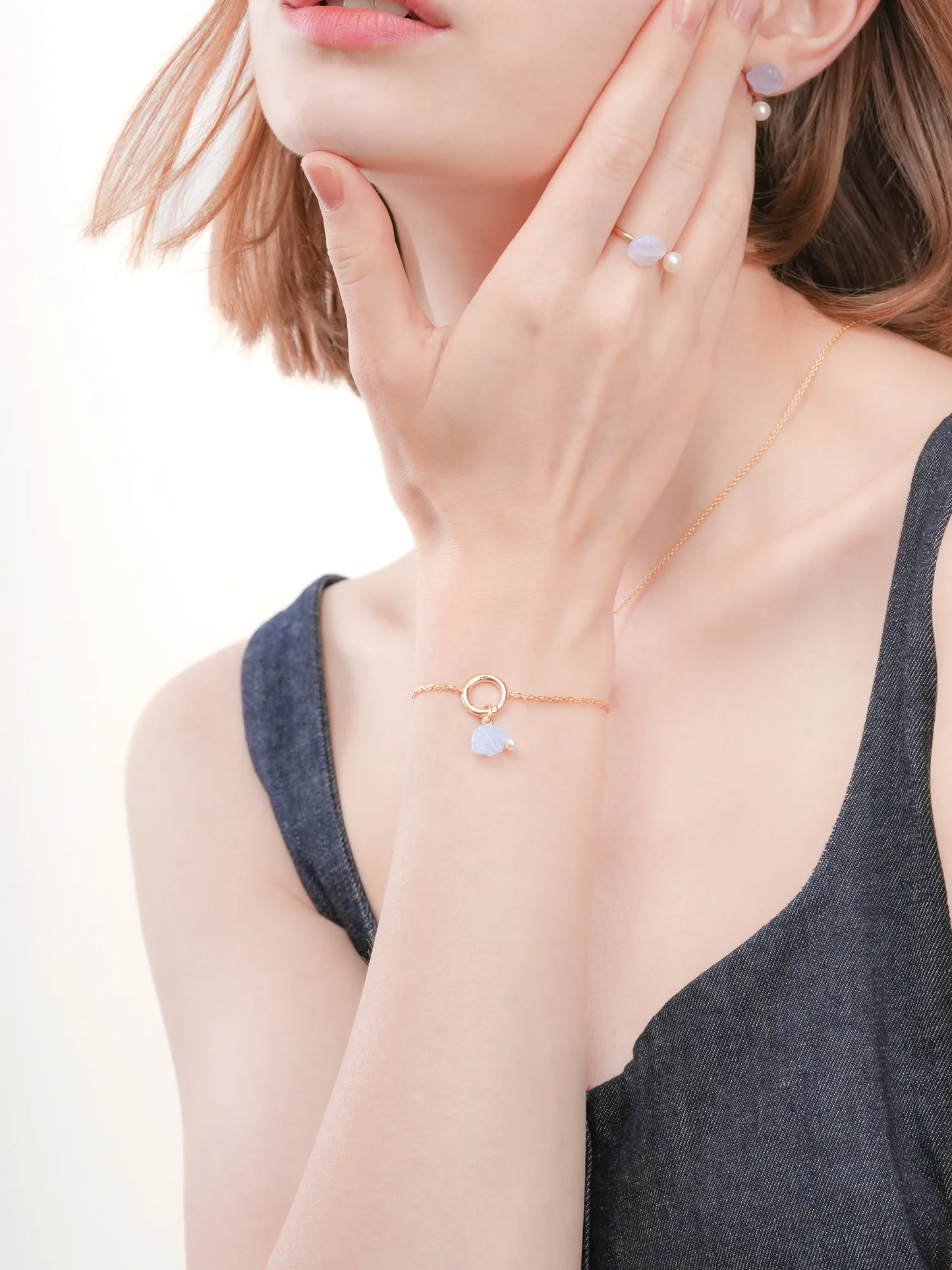 Puffy Seashell Charm Blue Lace Agate Yellow Gold – Mondays Made Demi-Fine Flower & Gemstone Jewelry Singapore