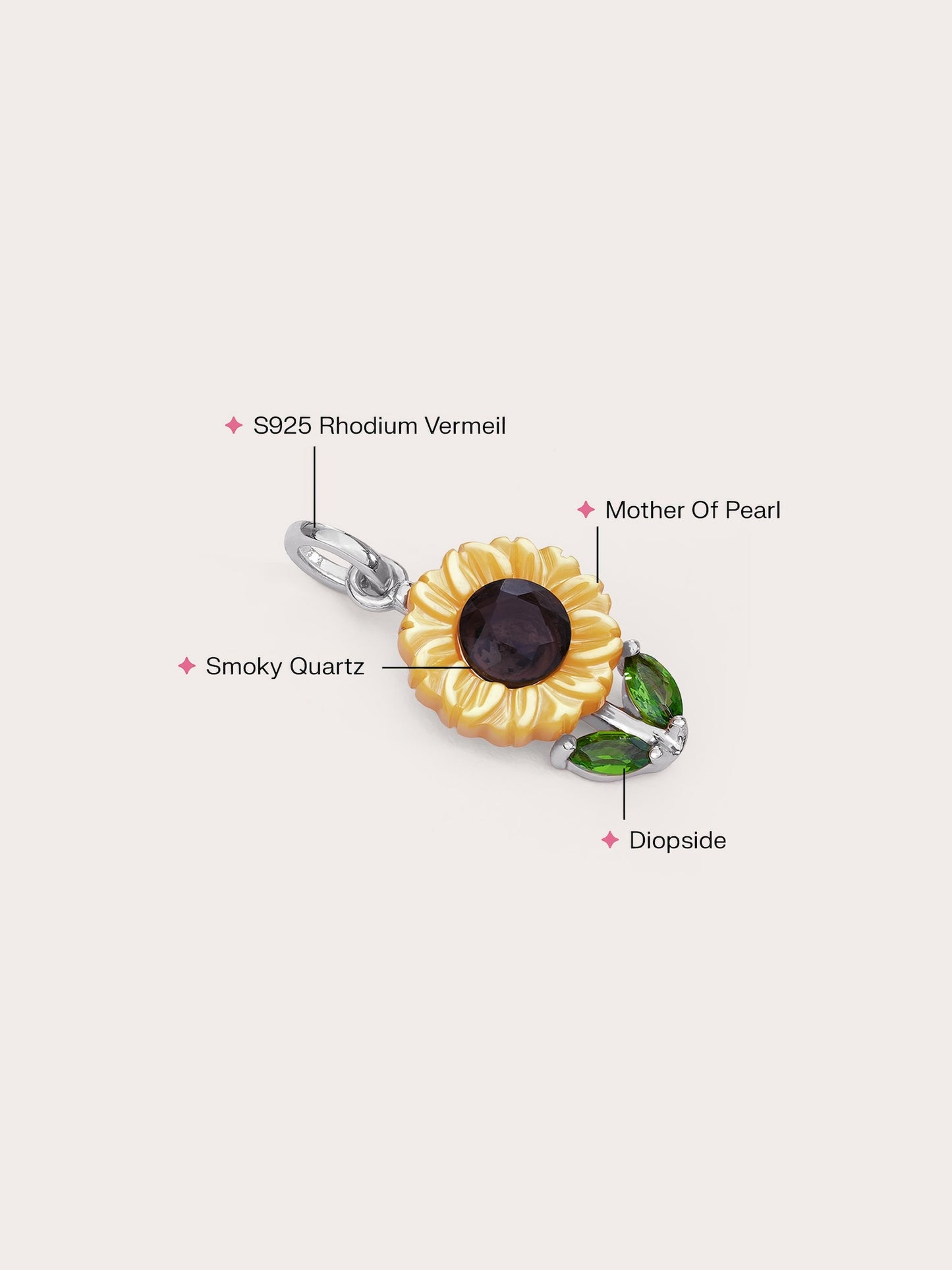 Carved Sunflower Charm in S925 Rhodium Vermeil from Mondays Made