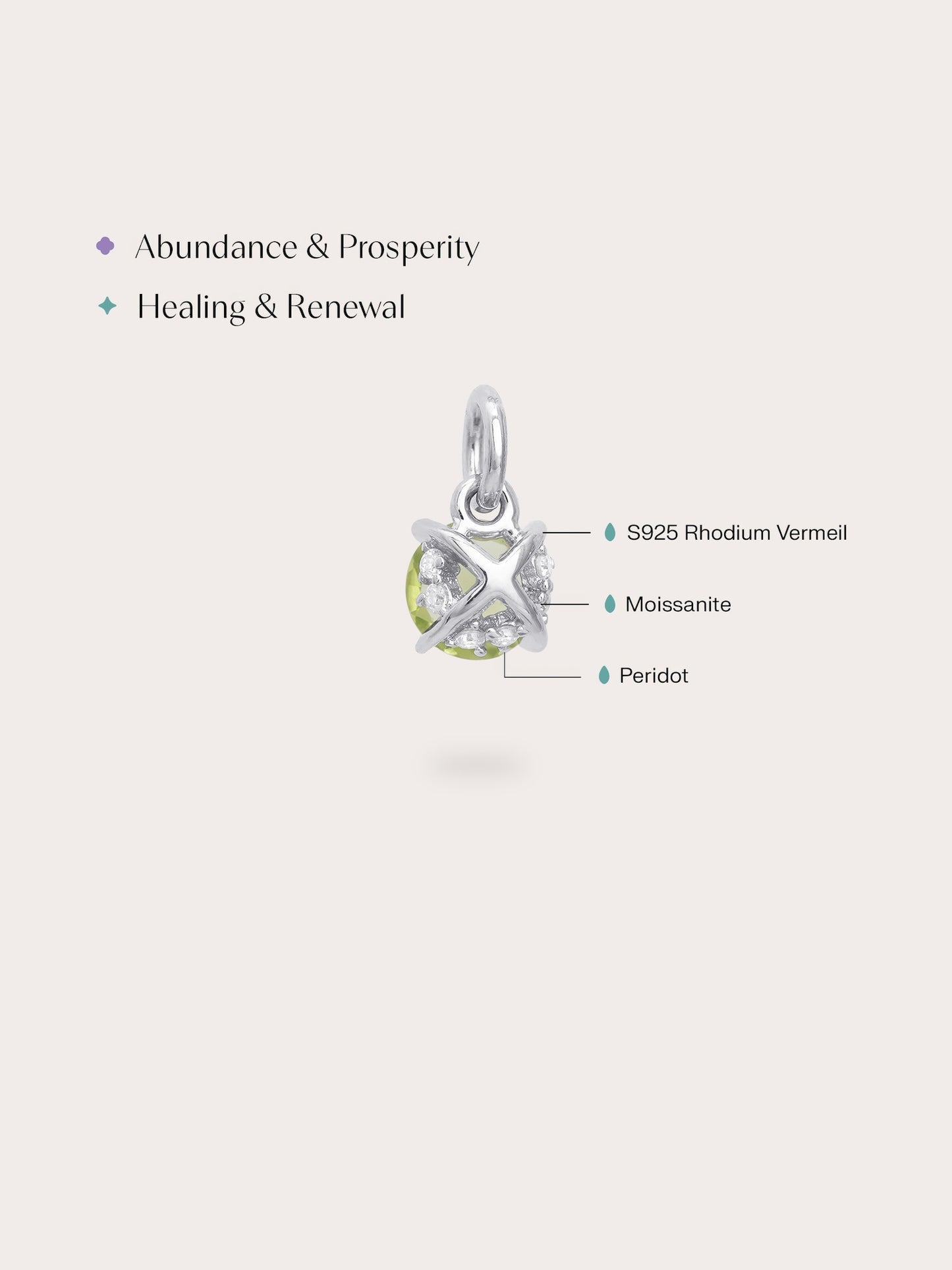 August Birthstone Charm - Peridot in S925 Rhodium Vermeil from Mondays Made