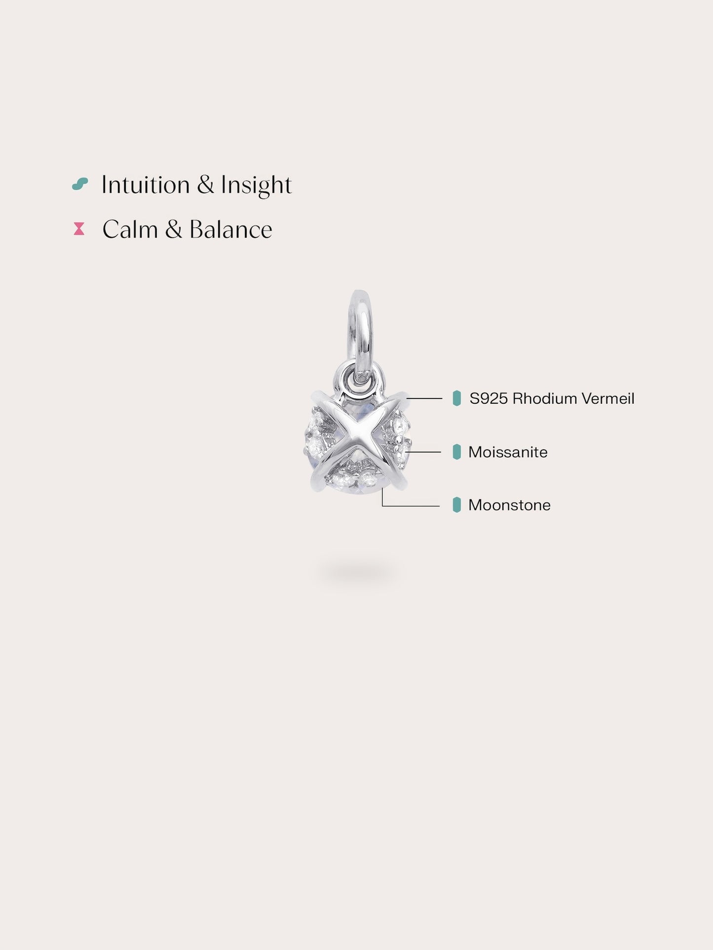 June Birthstone Charm - Moonstone in S925 Rhodium Vermeil from Mondays Made