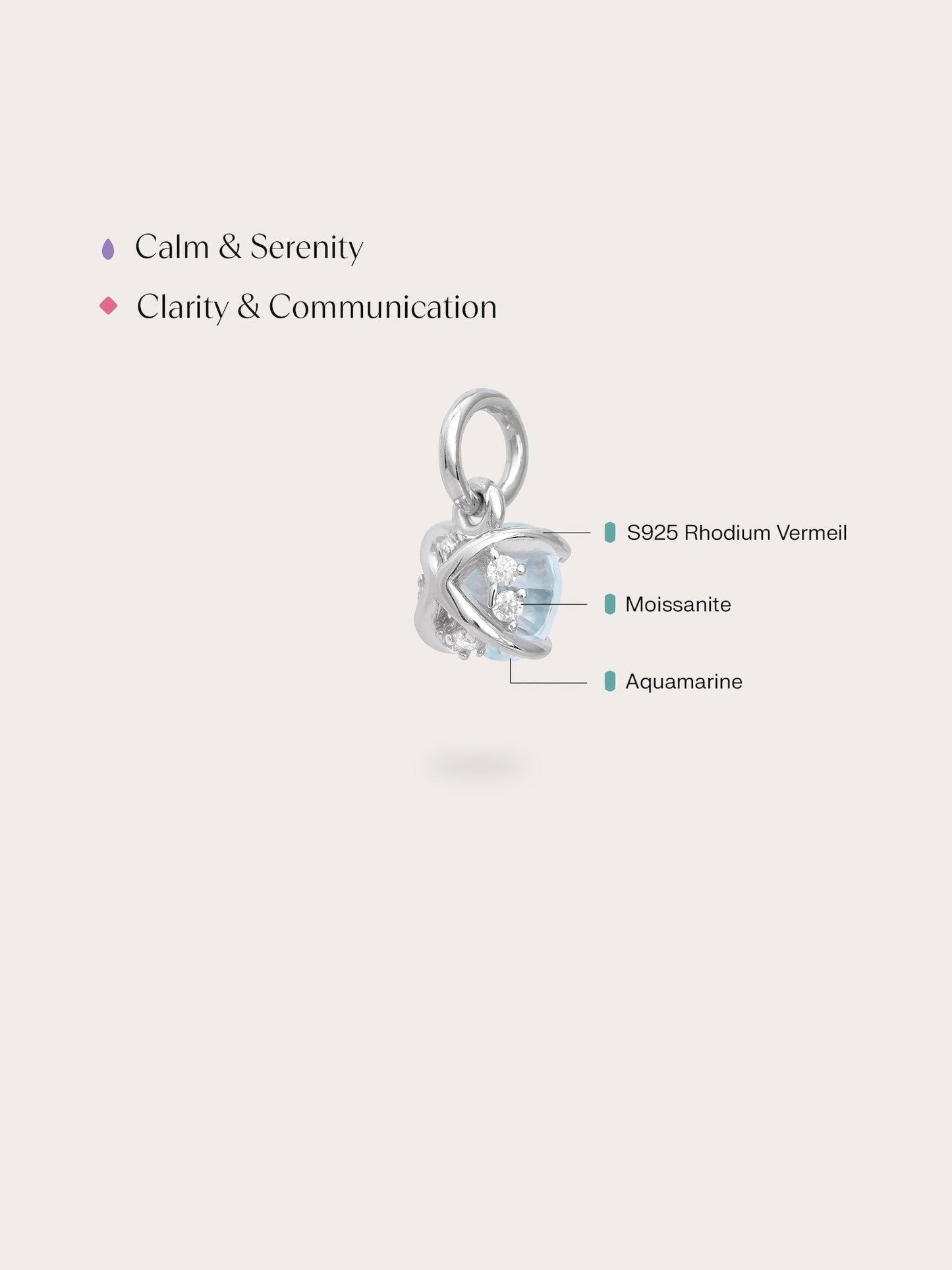 March Birthstone Charm - Aquamarine in S925 Rhodium Vermeil from Mondays Made