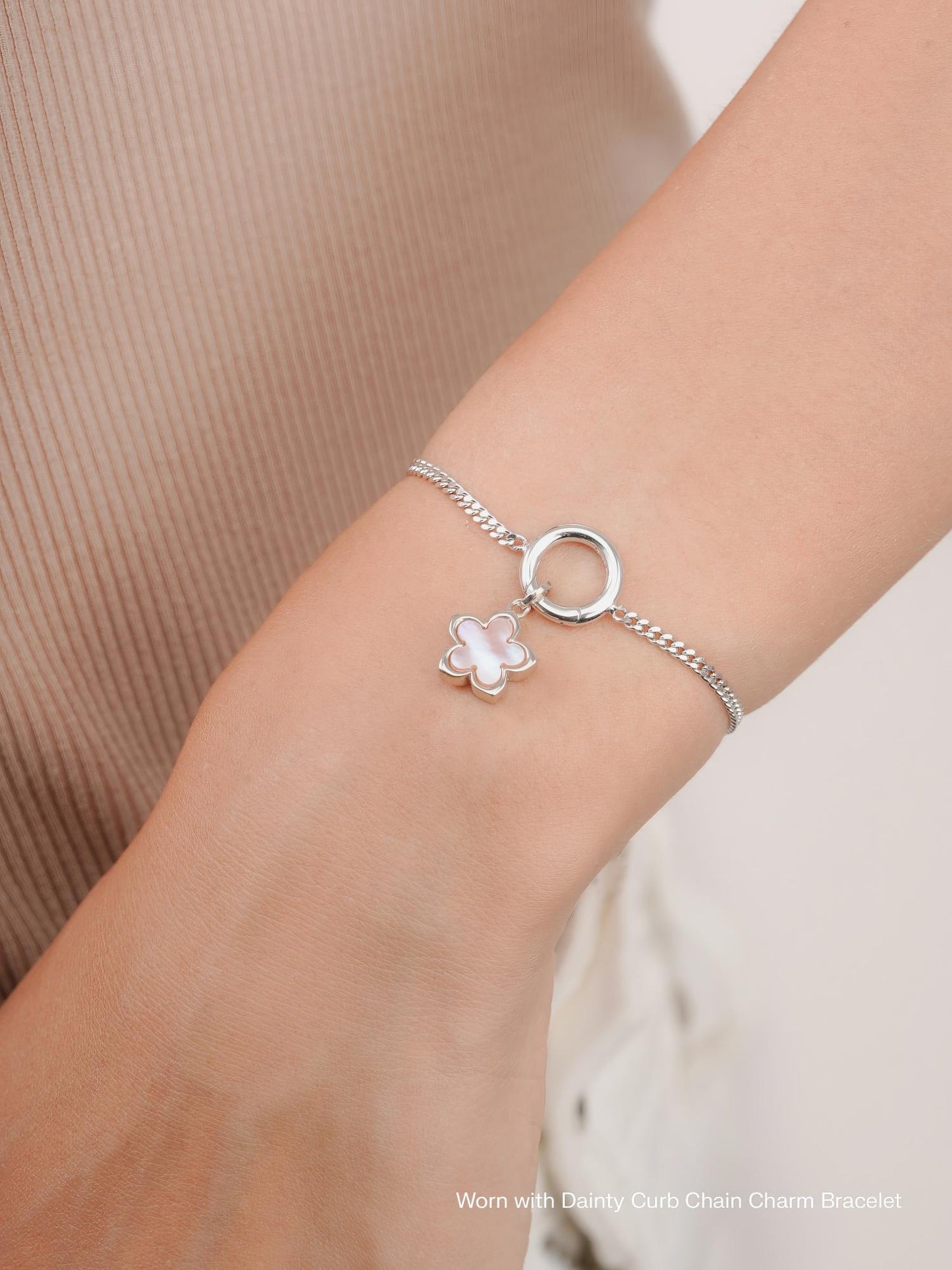 Mother of Pearl Sakura Reversible Charm in S925 Rhodium Vermeil from Mondays Made