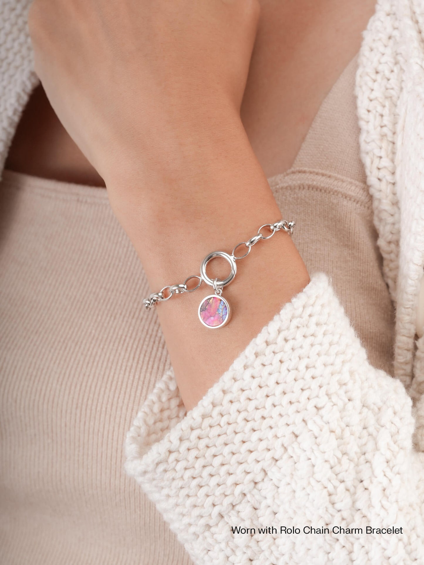 Rainbow Spiny Turquoise Reversible Coin Charm in S925 Rhodium Vermeil from Mondays Made