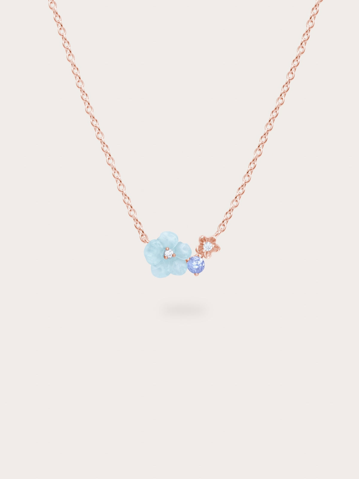 Blue Cluster Flower Necklace 18K Rose Gold (1) – Mondays Made Flower & Birthstone Jewelry Singapore