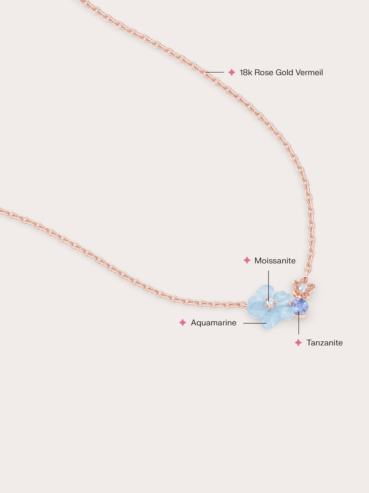 Blue Cluster Flower Necklace 18K Rose Gold (2) – Mondays Made Flower & Birthstone Jewelry Singapore