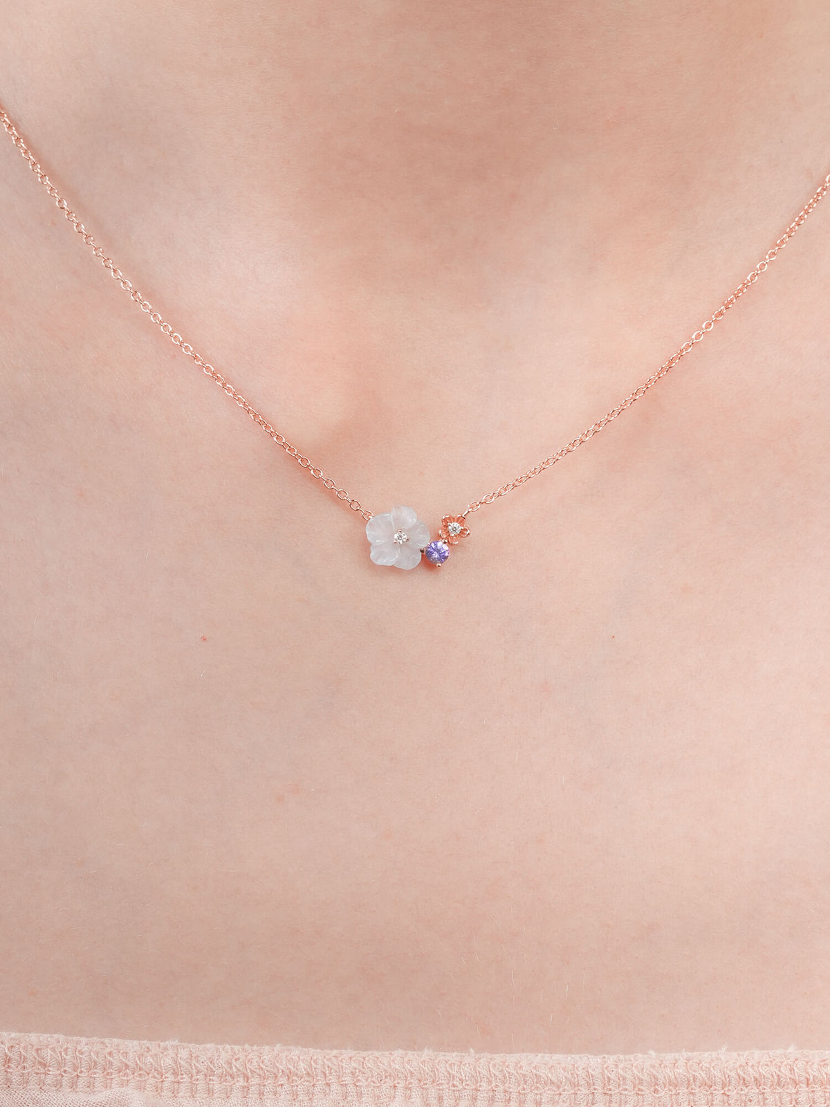 Blue Cluster Flower Necklace Aquamarine Tanzanite 18K Rose Gold (3) – Mondays Made Flower & Birthstone Jewelry Singapore