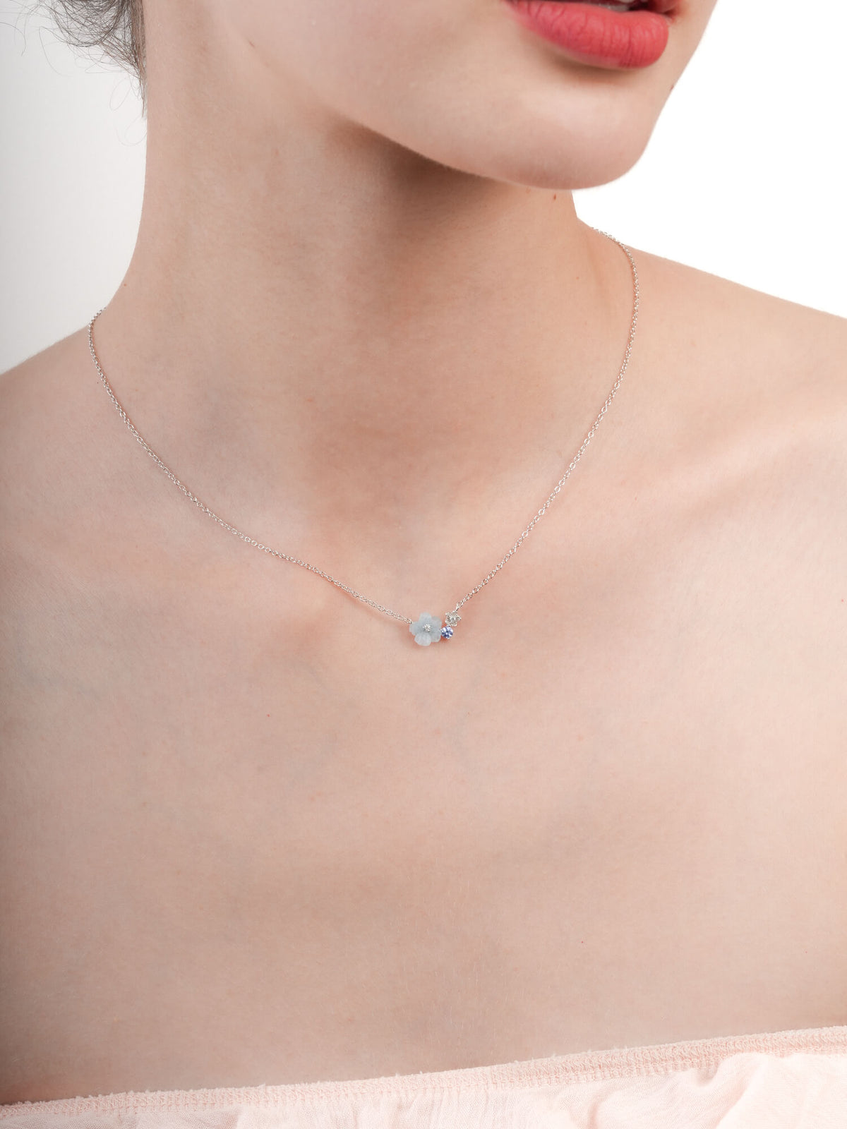 Blue Cluster Flower Necklace Aquamarine Tanzanite S925 Silver Rhodium (1) – Mondays Made Flower & Birthstone Jewelry Singapore