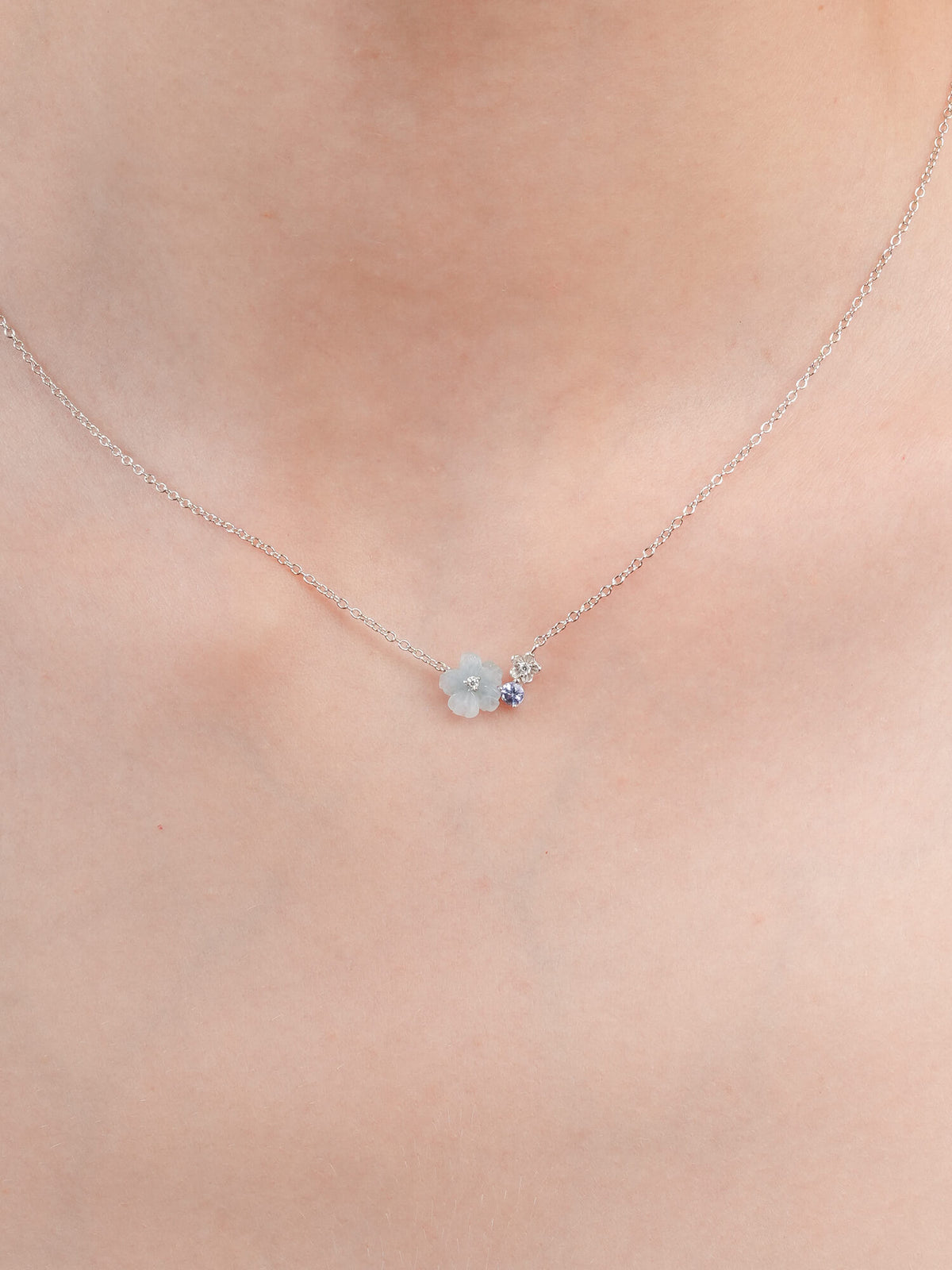 Blue Cluster Flower Necklace Aquamarine Tanzanite S925 Silver Rhodium (3) – Mondays Made Flower & Birthstone Jewelry Singapore