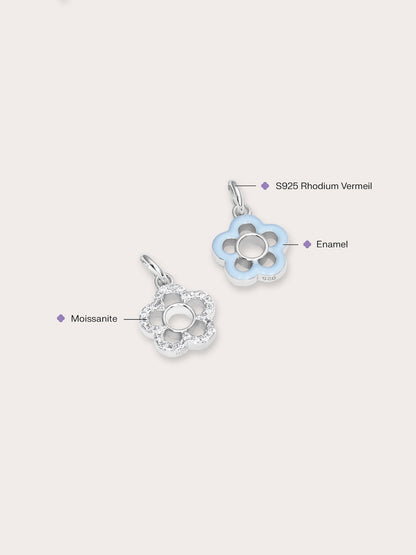 Blue Flower Charm Reversible Enamel Moissanite S925 Silver Rhodium (3) – Mondays Made Flower & Birthstone Jewelry Singapore