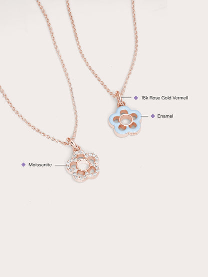Blue Flower Necklace Reversible Enamel Moissanite 18K Rose Gold (6) – Mondays Made Flower & Birthstone Jewelry Singapore