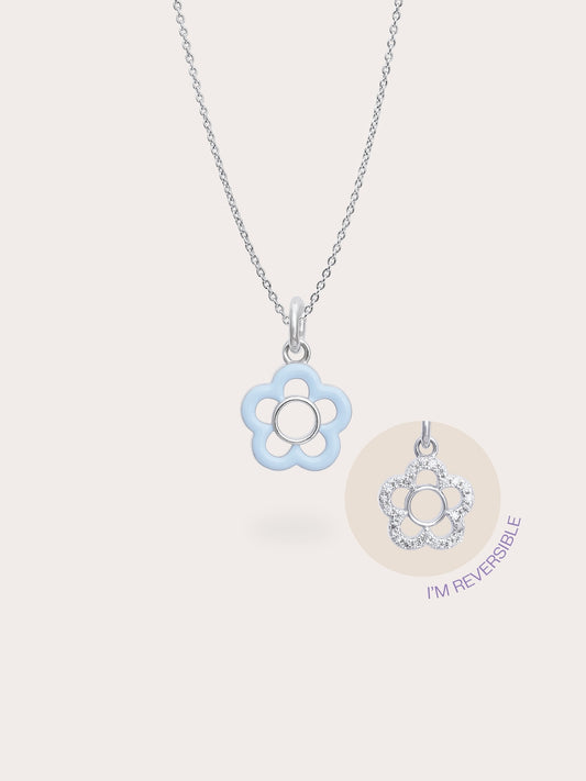 Blue Flower Necklace - Reversible Enamel Moissanite