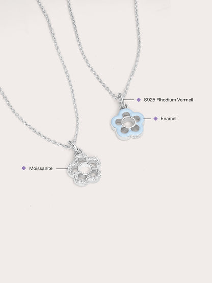 Blue Flower Necklace Reversible Enamel Moissanite S925 Silver Rhodium (5) – Mondays Made Flower & Birthstone Jewelry Singapore