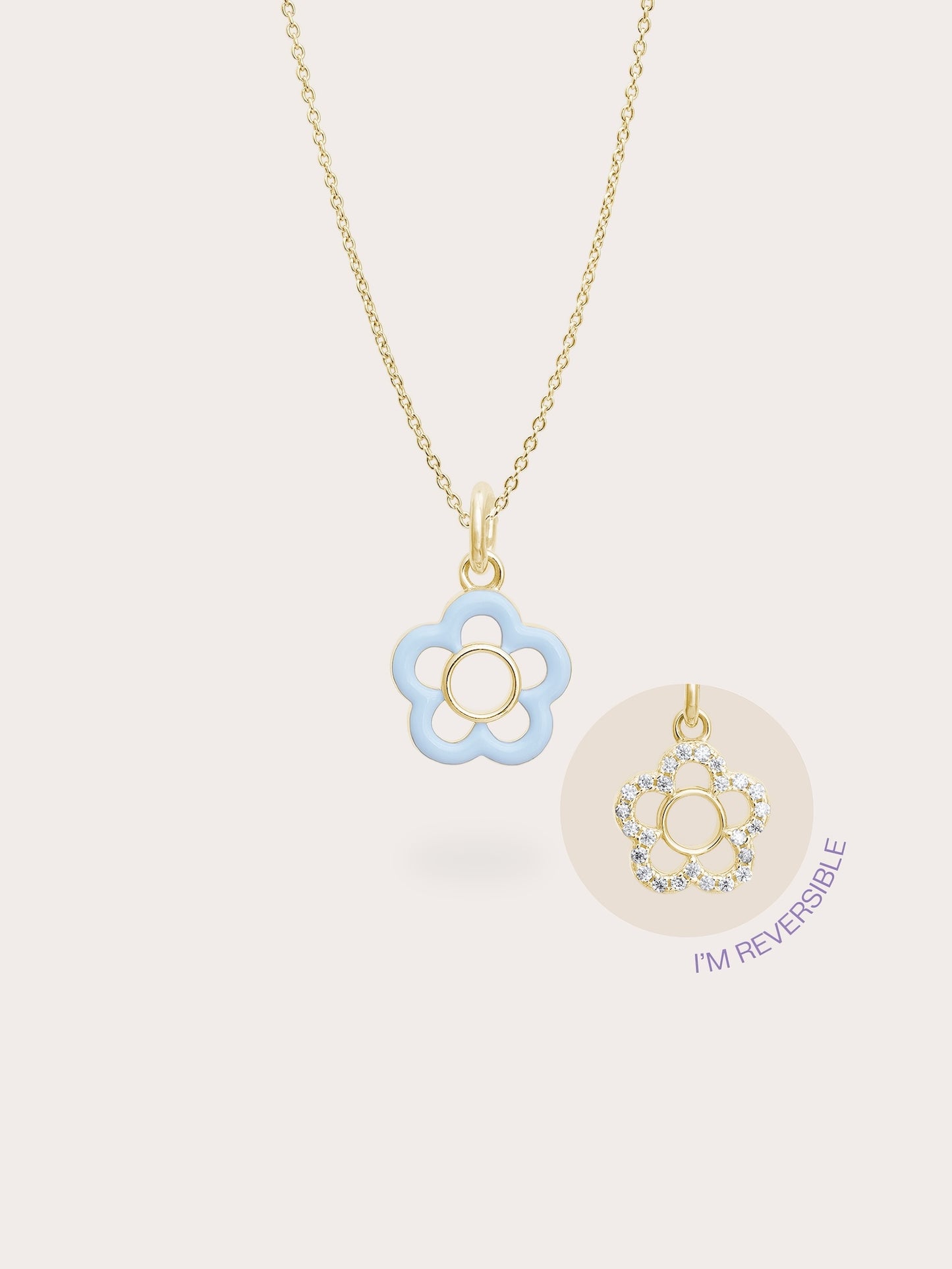 Blue Flower Necklace - Reversible Enamel Moissanite