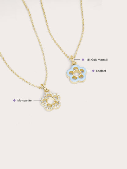 Blue Flower Necklace Reversible Enamel Moissanite 18K Gold (6) – Mondays Made Flower & Birthstone Jewelry Singapore