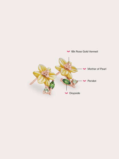 Carved Daffodil Stud Earrings 18K Rose Gold (1) – Mondays Made Flower & Birthstone Jewelry Singapore