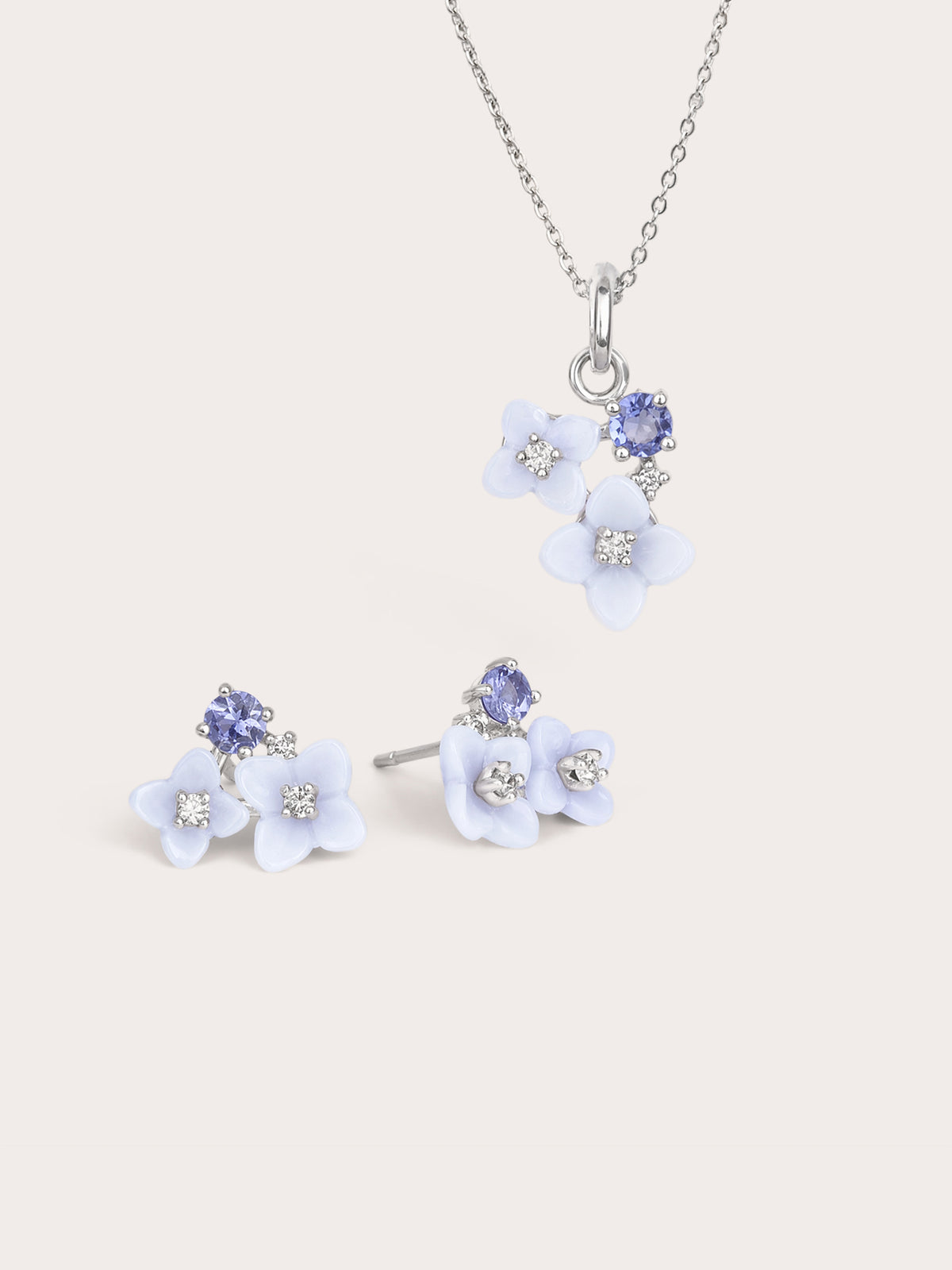 Carved Hydrangea Set S925 Silver Rhodium – Mondays Made Flower & Birthstone Jewelry Singapore