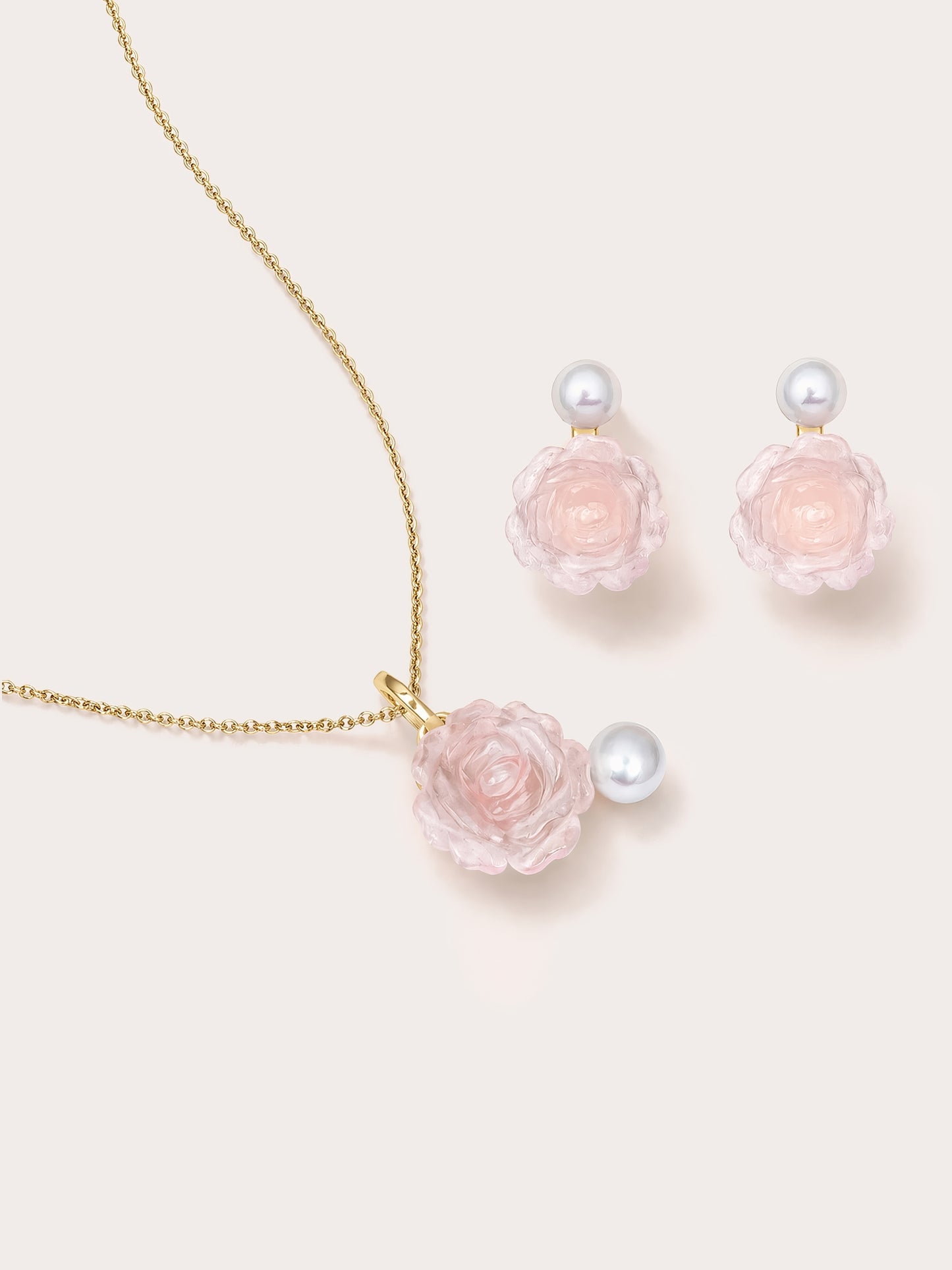 Carved Peony Necklace and Earrings Set