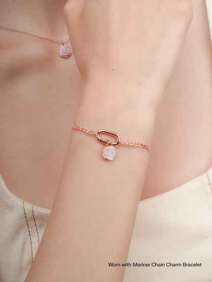 Carved Pink Rose Charm Worn With 18K Rose Gold – Mondays Made Flower & Birthstone Jewelry Singapore