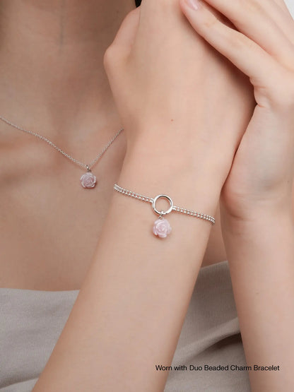 Carved Pink Rose Charm Worn With S925 Silver Rhodium – Mondays Made Flower & Birthstone Jewelry Singapore