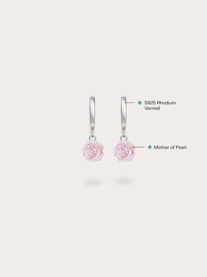 Carved Pink Rose Huggie Earrings S925 Silver Rhodium (1) – Mondays Made Flower & Birthstone Jewelry Singapore