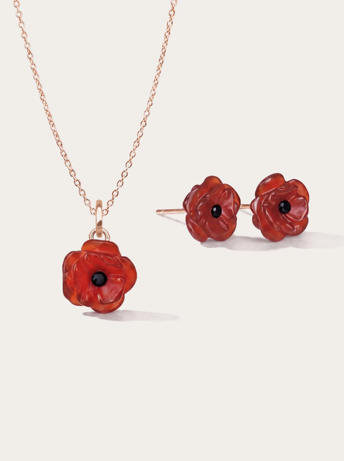 Carved Poppy Necklace and Earrings Set