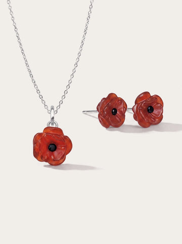 Carved Poppy Necklace and Earrings Set