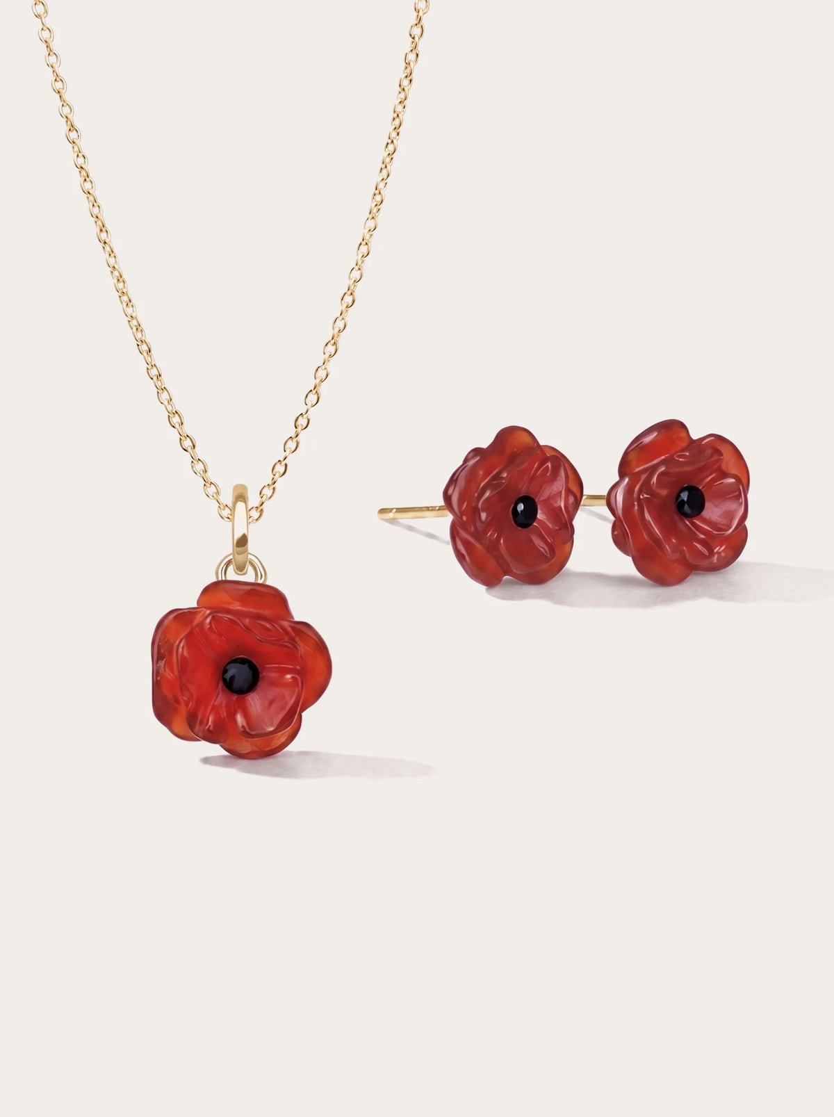 Carved Poppy Necklace and Earrings Set