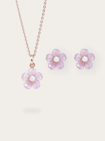 Carved Sakura Necklace and Earrings Set