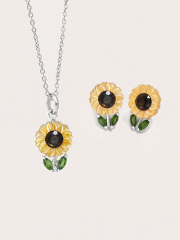 Carved Sunflower Set S925 Silver Rhodium – Mondays Made Flower & Birthstone Jewelry Singapore