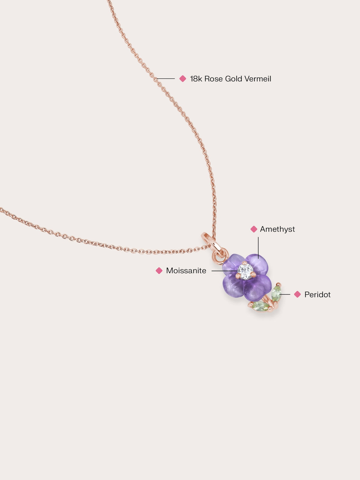 Carved Violet Necklace 18K Rose Gold (1) – Mondays Made Flower & Birthstone Jewelry Singapore