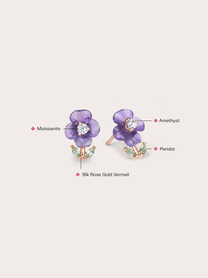 Carved Violet Stud Earrings 18K Rose Gold (1) – Mondays Made Flower & Birthstone Jewelry Singapore
