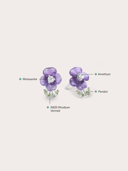 Carved Violet Stud Earrings S925 Silver Rhodium (1) – Mondays Made Flower & Birthstone Jewelry Singapore