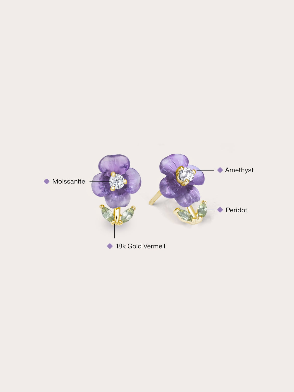 Carved Violet Stud Earrings 18K Gold (1) – Mondays Made Flower & Birthstone Jewelry Singapore