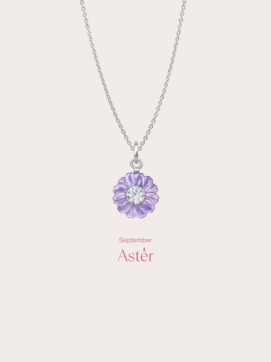 Carved Aster Necklace S925 Silver Rhodium (4) – Mondays Made Flower & Birthstone Jewelry Singapore