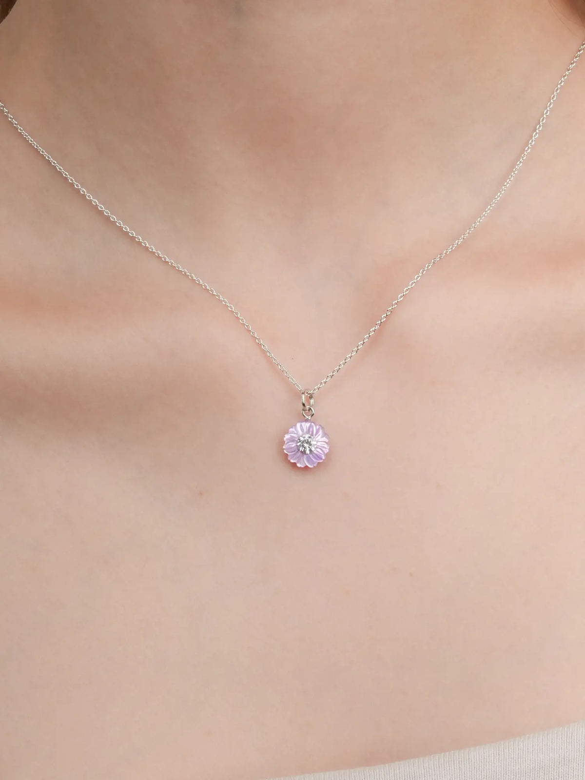 Carved Aster Necklace S925 Silver Rhodium (2) – Mondays Made Flower & Birthstone Jewelry Singapore