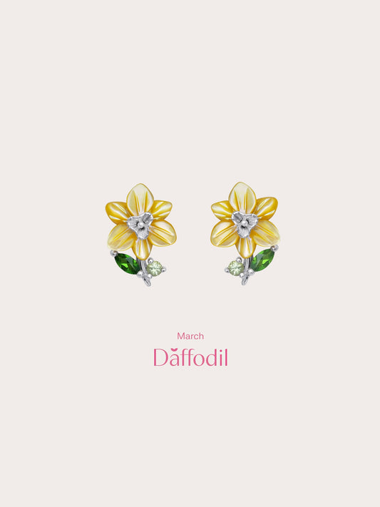 Carved Daffodil Stud Earrings in S925 Rhodium Vermeil from Mondays Made