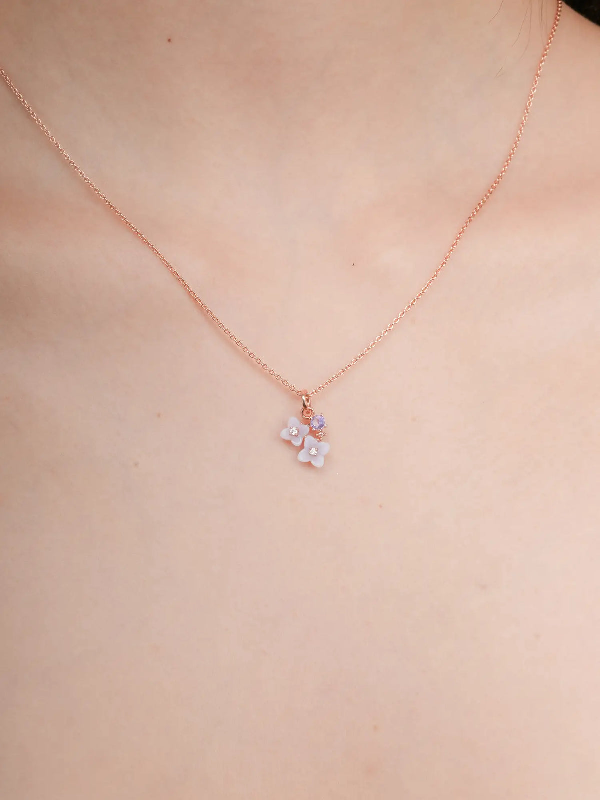 Carved Hydrangea Cluster Necklace 18K Rose Gold (2) – Mondays Made Flower & Birthstone Jewelry Singapore