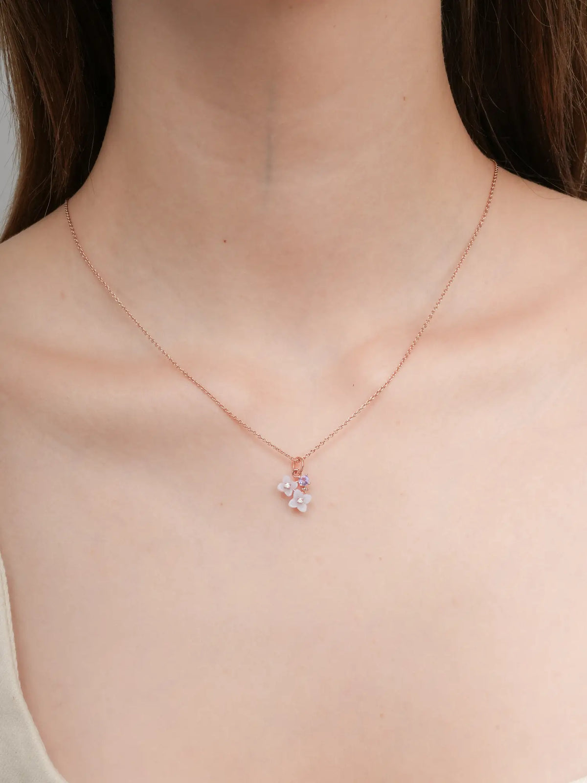 Carved Hydrangea Cluster Necklace 18K Rose Gold (3) – Mondays Made Flower & Birthstone Jewelry Singapore