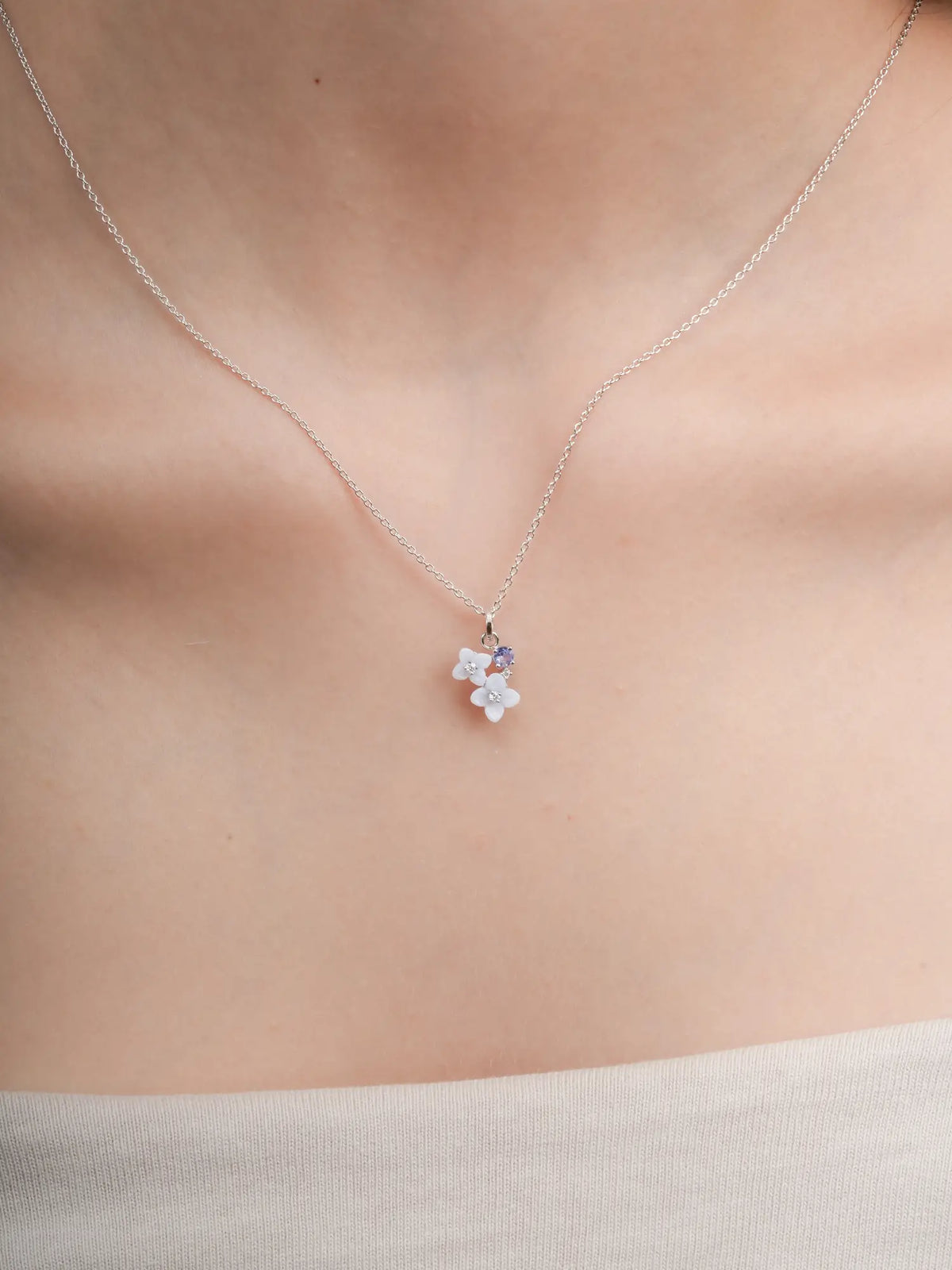 Carved Hydrangea Cluster Necklace S925 Silver Rhodium (2) – Mondays Made Flower & Birthstone Jewelry Singapore