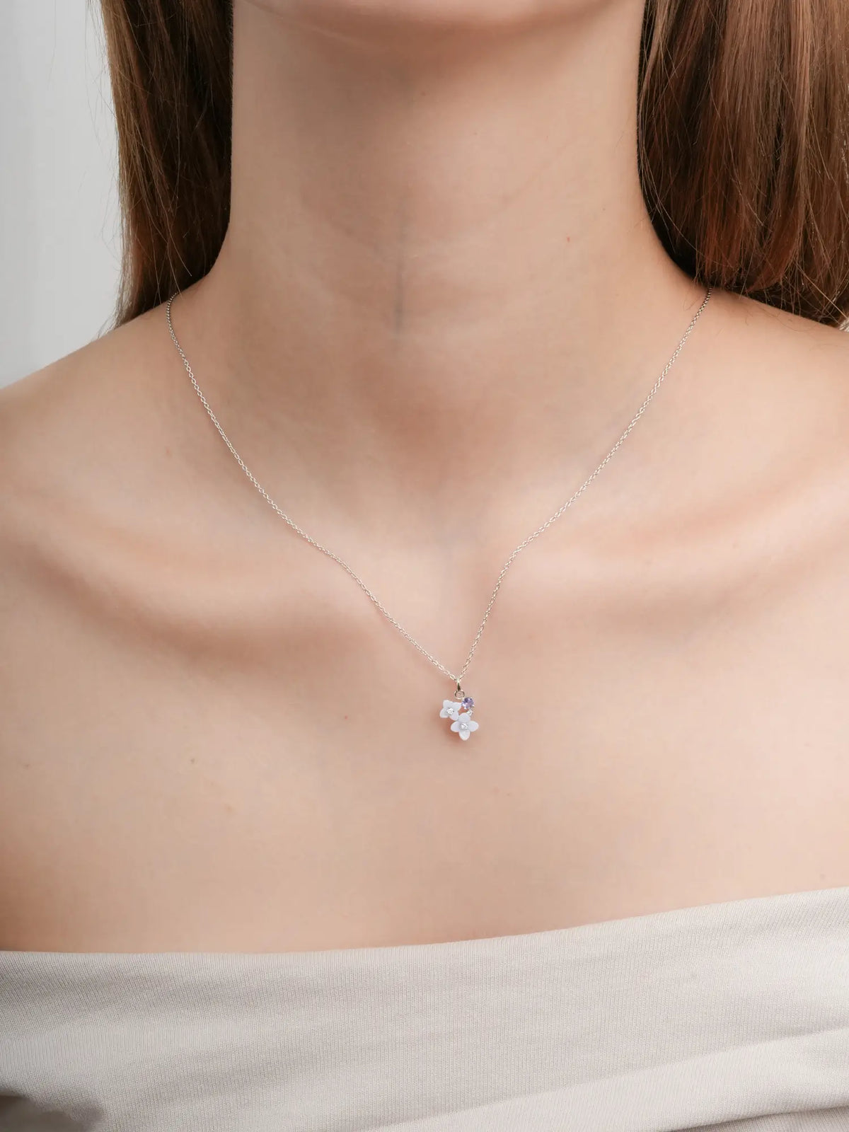 Carved Hydrangea Cluster Necklace S925 Silver Rhodium (3) – Mondays Made Flower & Birthstone Jewelry Singapore