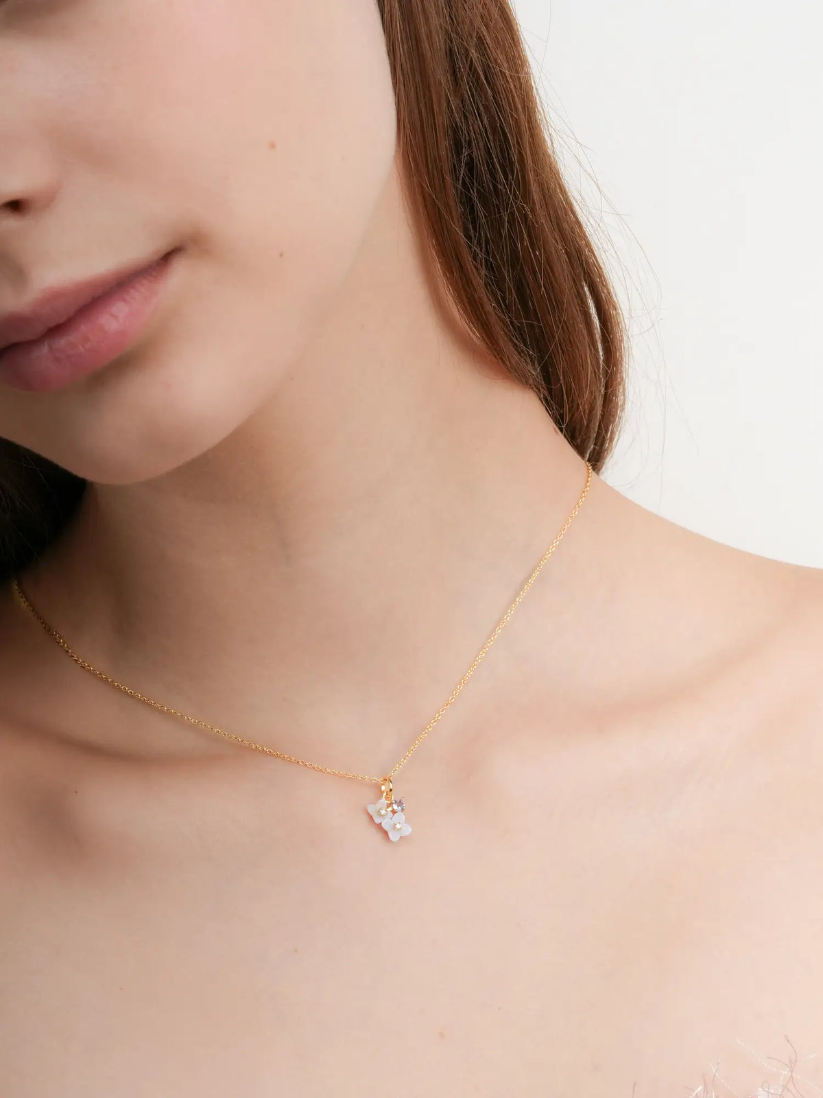 Carved Hydrangea Cluster Necklace 18K Gold (3) – Mondays Made Flower & Birthstone Jewelry Singapore