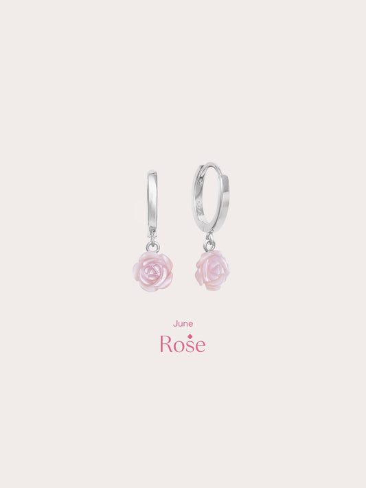 Carved Pink Rose Huggie Earrings in S925 Rhodium Vermeil from Mondays Made