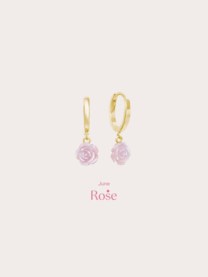 Carved Pink Rose Huggie Earrings 18K Gold (2) – Mondays Made Flower & Birthstone Jewelry Singapore