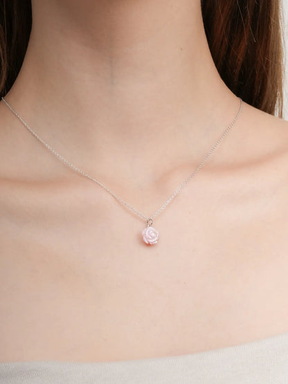 Carved Pink Rose Necklace S925 Silver Rhodium (2) – Mondays Made Flower & Birthstone Jewelry Singapore