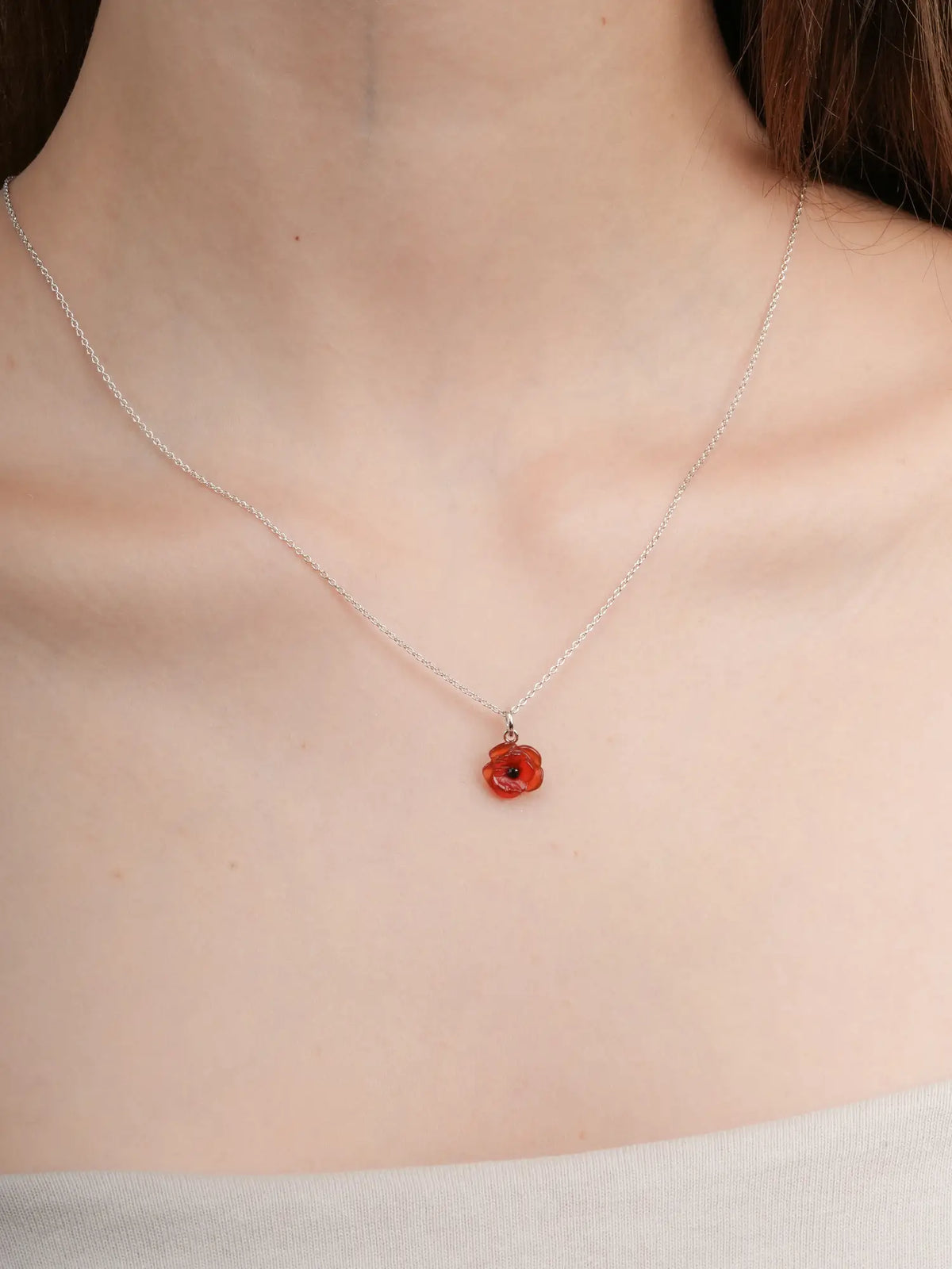 Carved Poppy Necklace S925 Silver Rhodium (2) – Mondays Made Flower & Birthstone Jewelry Singapore
